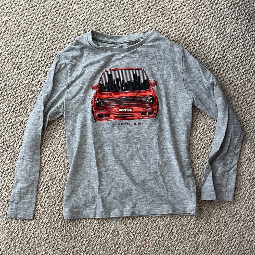 Kids Long-Sleeve Gray Tee with Red Car Graphic